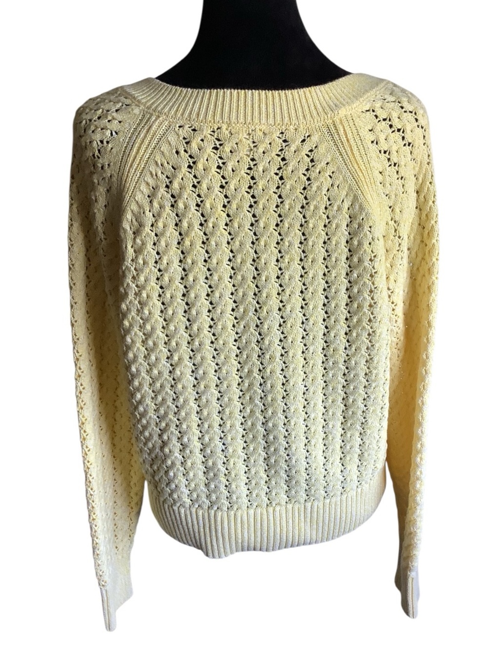 Tibolts Open Knit Sweater Women’s Medium Yellow 100% Cotton V-Neck - Picture 2 of 7